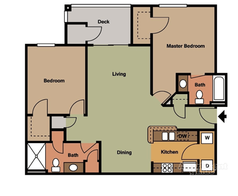 Floor plan for 2 beds, 2 baths, 1011 sqft